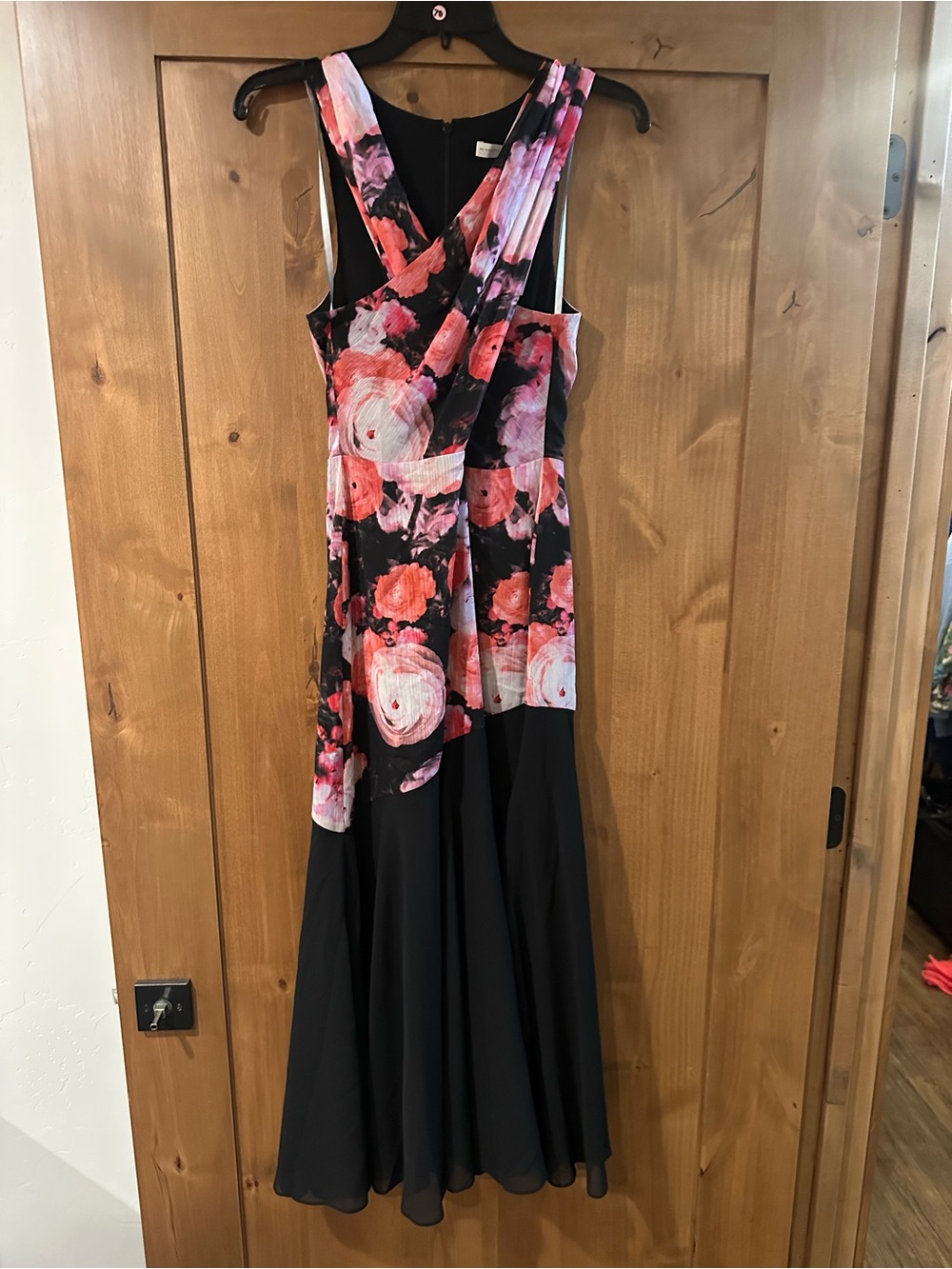 Monique Lhuillier Black Maxi Dress with Pink & Coral Floral Overlay